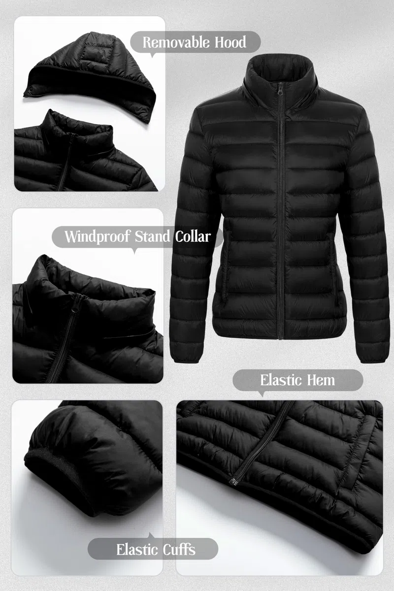 Chrisuno Chaqueta ligera acolchada corta para mujer, abrigo de invierno cálido con capucha extraíble