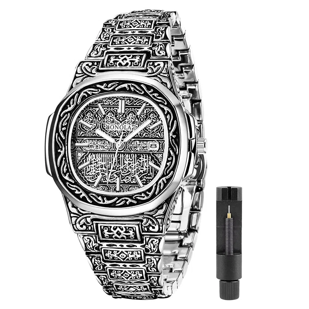 Relojes de cuarzo retro de los hombres con patrón de tatuaje tallado pulsera de acero inoxidable calendario impermeable reloj de pulsera