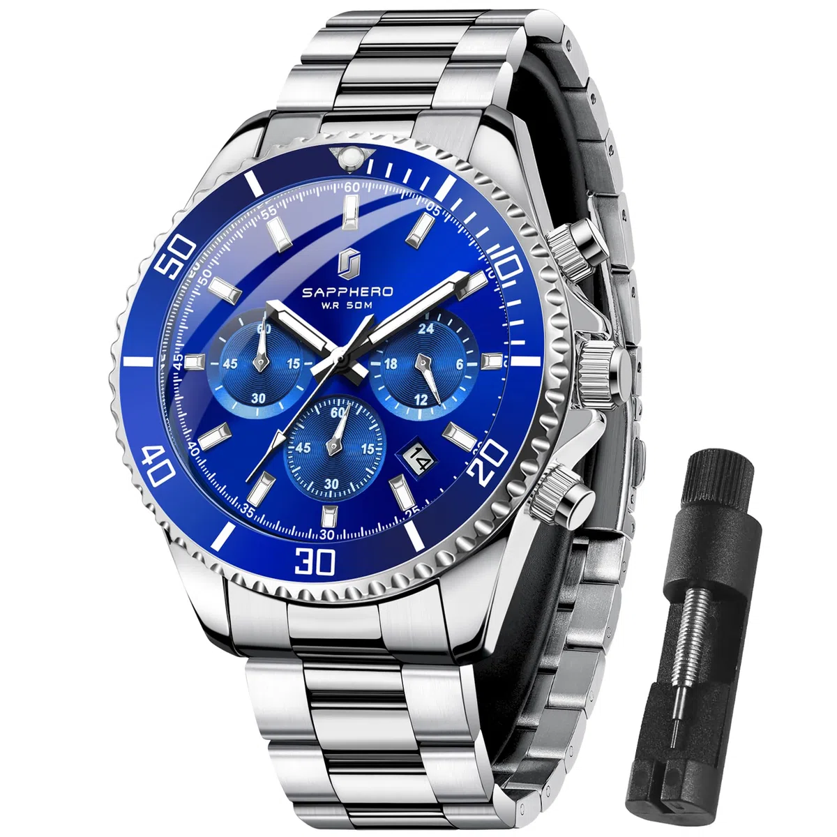SAPPHERO Reloj Hombre Cronografo Analógico Movimiento de Cuarzo 50M Impermeable Relojes para Hombre Banda de Acero Inoxidable Clásico Casual Diseñador Relojes Elegante Regalo para Hombre