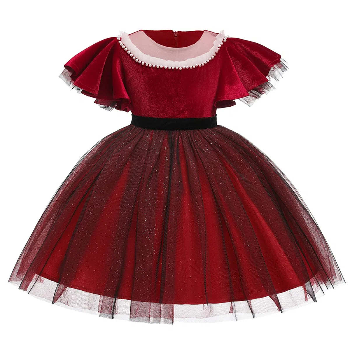 Gualiy Vestido para niñas, vestido de baile de graduación de 4 a 10 años, mangas con vuelo, vestido de tul negro con cuentas y manga corta