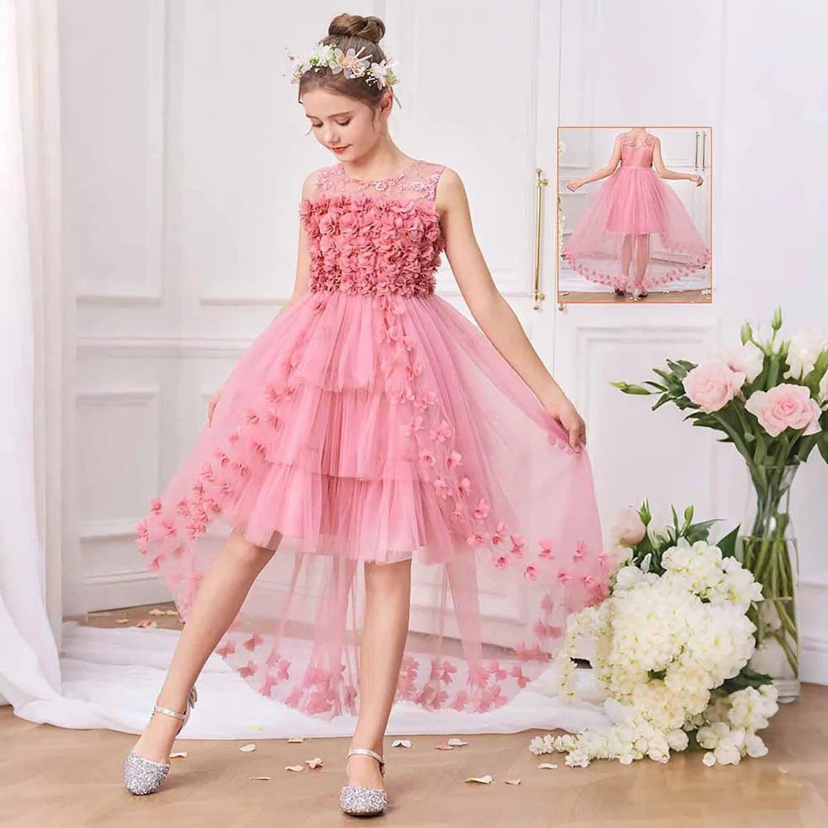 Vestidos para niñas: Elegante Vestido con Cola Floral 3D Fiesta Informal Edades de 7 a 12 años, Encaje, Ligero y Bordado, Ideal Uso Diario, Tendencia Infantil Estilo Casual # L