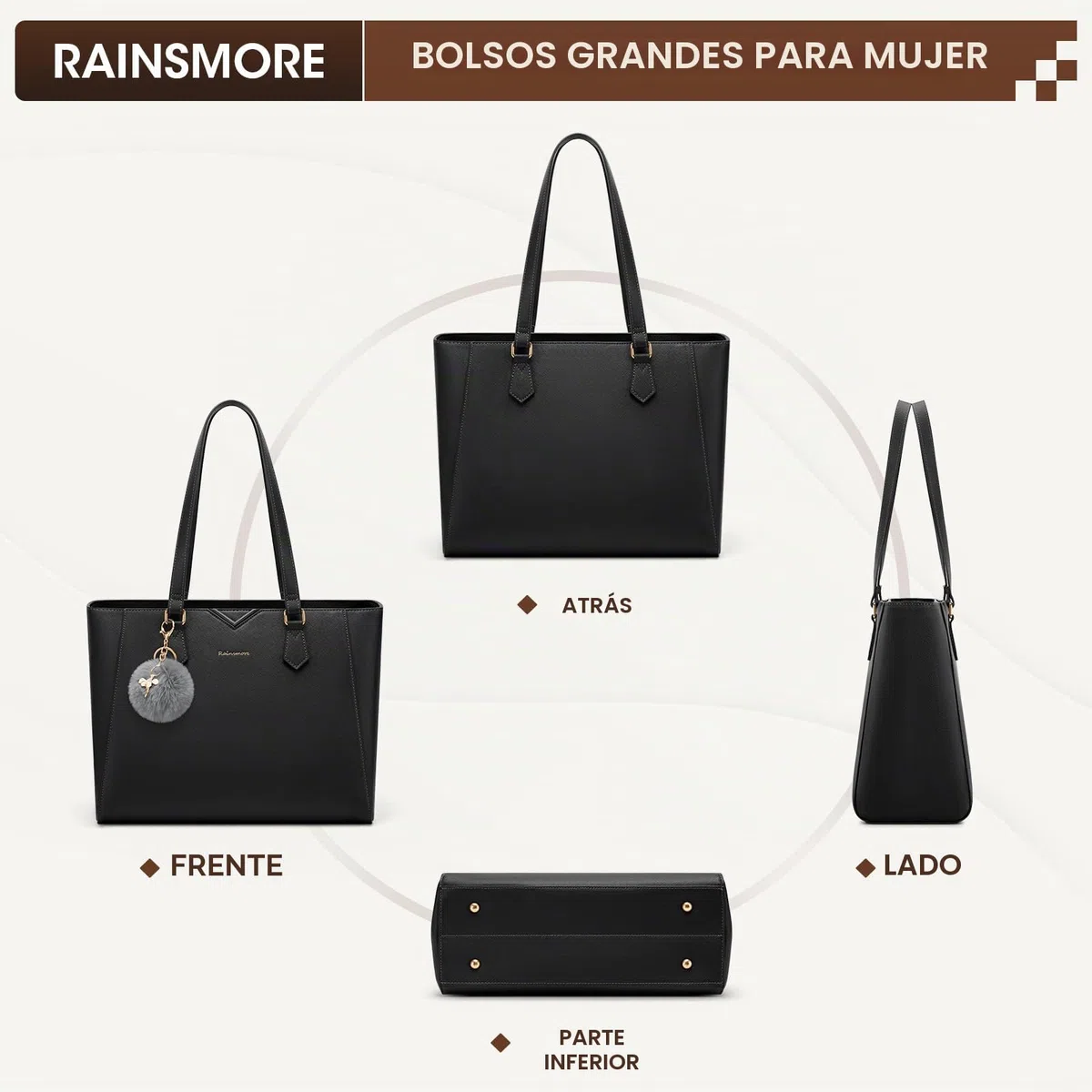 RAINSMORE Bolso Mujer Grande Bolso Universidad Impermeable Bolsos Shopper Tote Mujer para Portátil Cuero PU con Pompon Extraíble para Trabajo Escuela Viajes