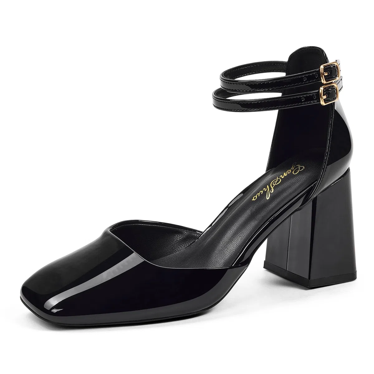 GENSHUO Zapatos de Tacón Grueso para Mujer, Doble Correa al Tobillo, Punta Cuadrada, Tacones Elegantes y Cómodos para Vestimenta Formal