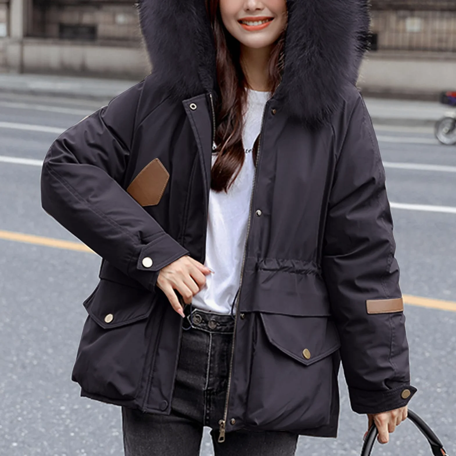 Chaqueta de invierno para mujer, moderna, cálida, acolchada, cortavientos, de piel sintética, parka con capucha, bolsillo corto, parka para exteriores, cortavientos, M - XXL