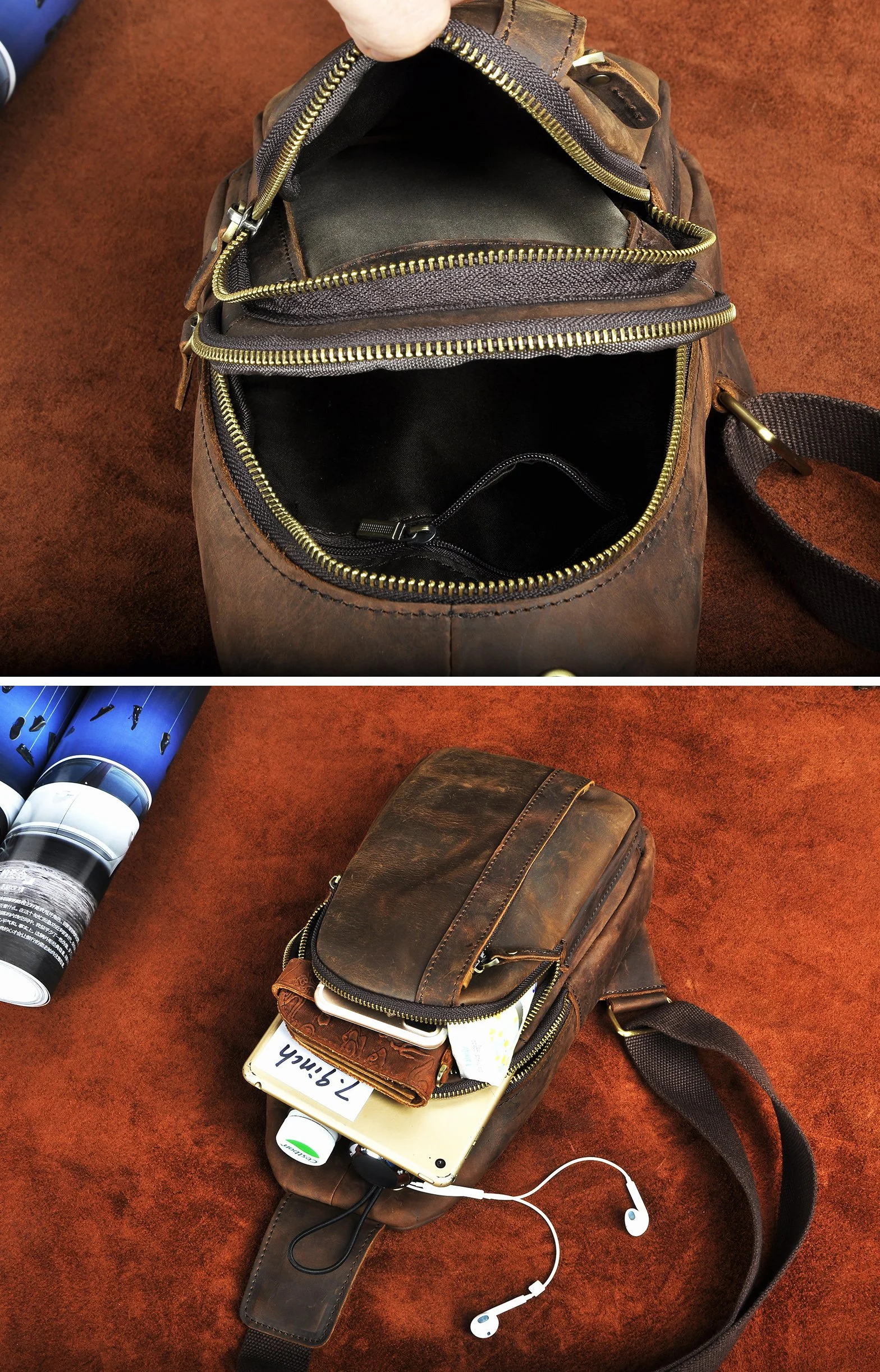 Le'aokuu Hombres Cuero Genuino vendimia Bolsos cruzados bolsa de tableta/paraguas/té bolsa mochila correa para el hombro cruz cuerpo y bolsa de mensajero y bolsa de pecho