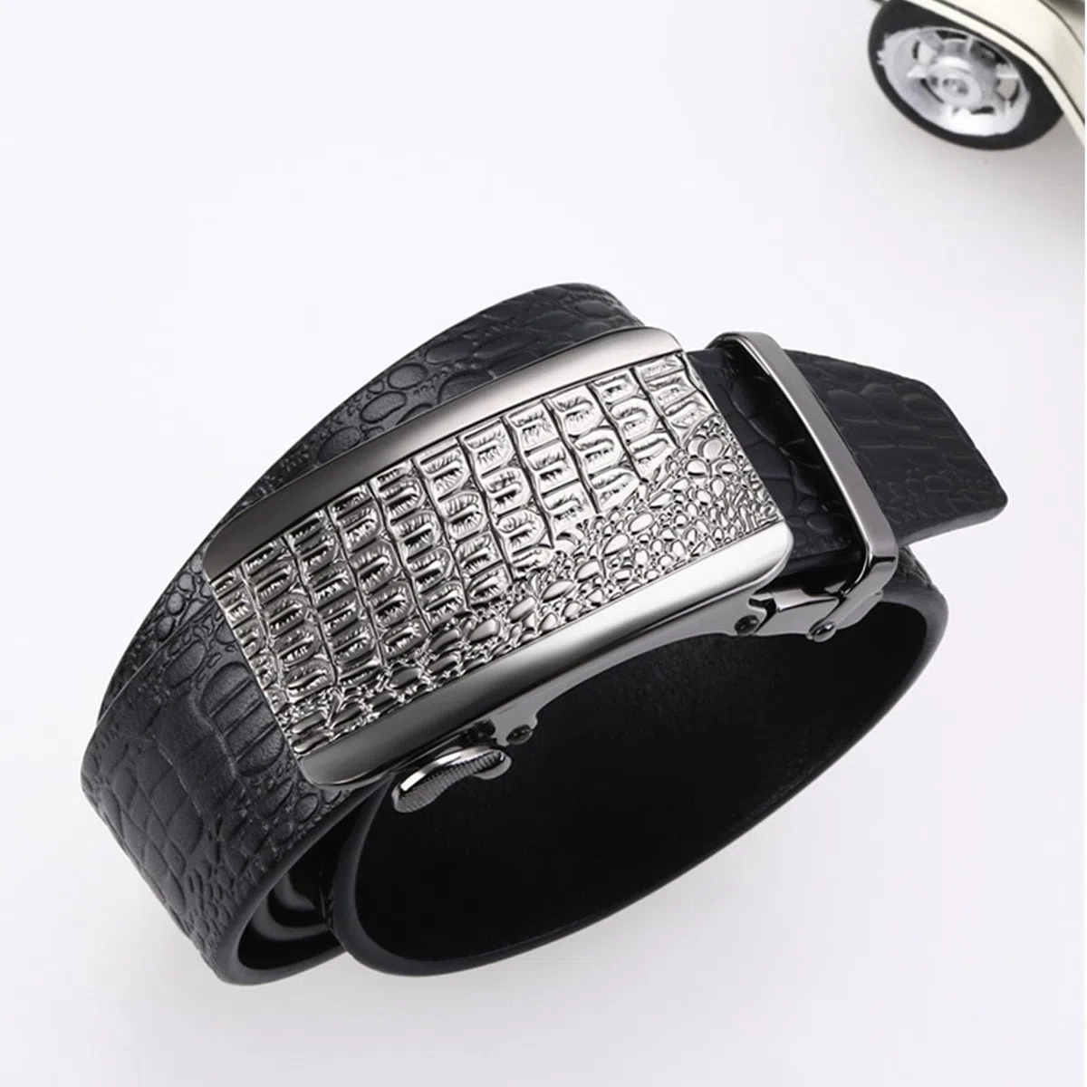 Cinturones Hombre Trinquete, Cinturones de Cuero Genuino Ajustable Negocio, Cinturón Lujo Casual Moda con Hebilla Metal Automática Grabada 3D en Aleación,Negro,115CM/45.3''