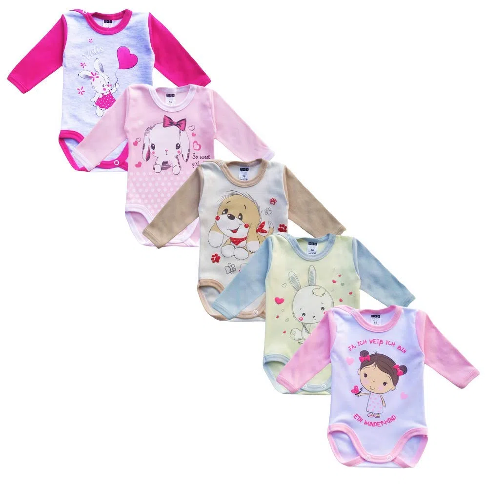 MEA BABY Body unisex de manga larga para bebé, 100 % algodón, en paquete de 5 unidades, con estampado, para niñas, bebés y niños