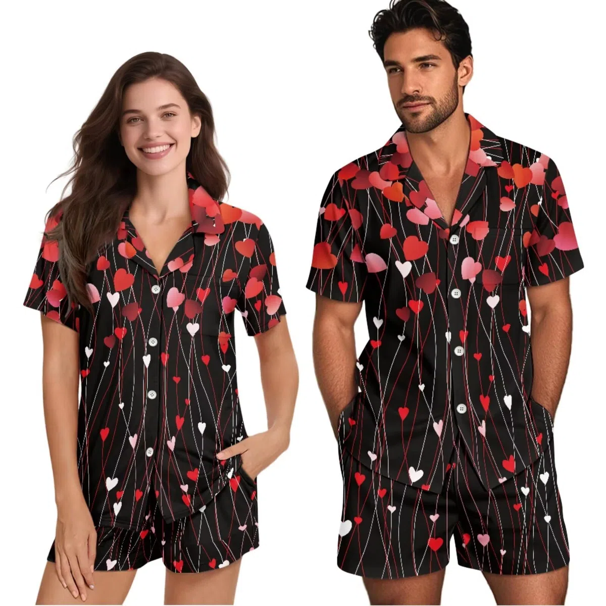 Conjunto de pijama a juego para parejas, de manga corta, con botones, ropa de dormir, Corazones rojos, XL