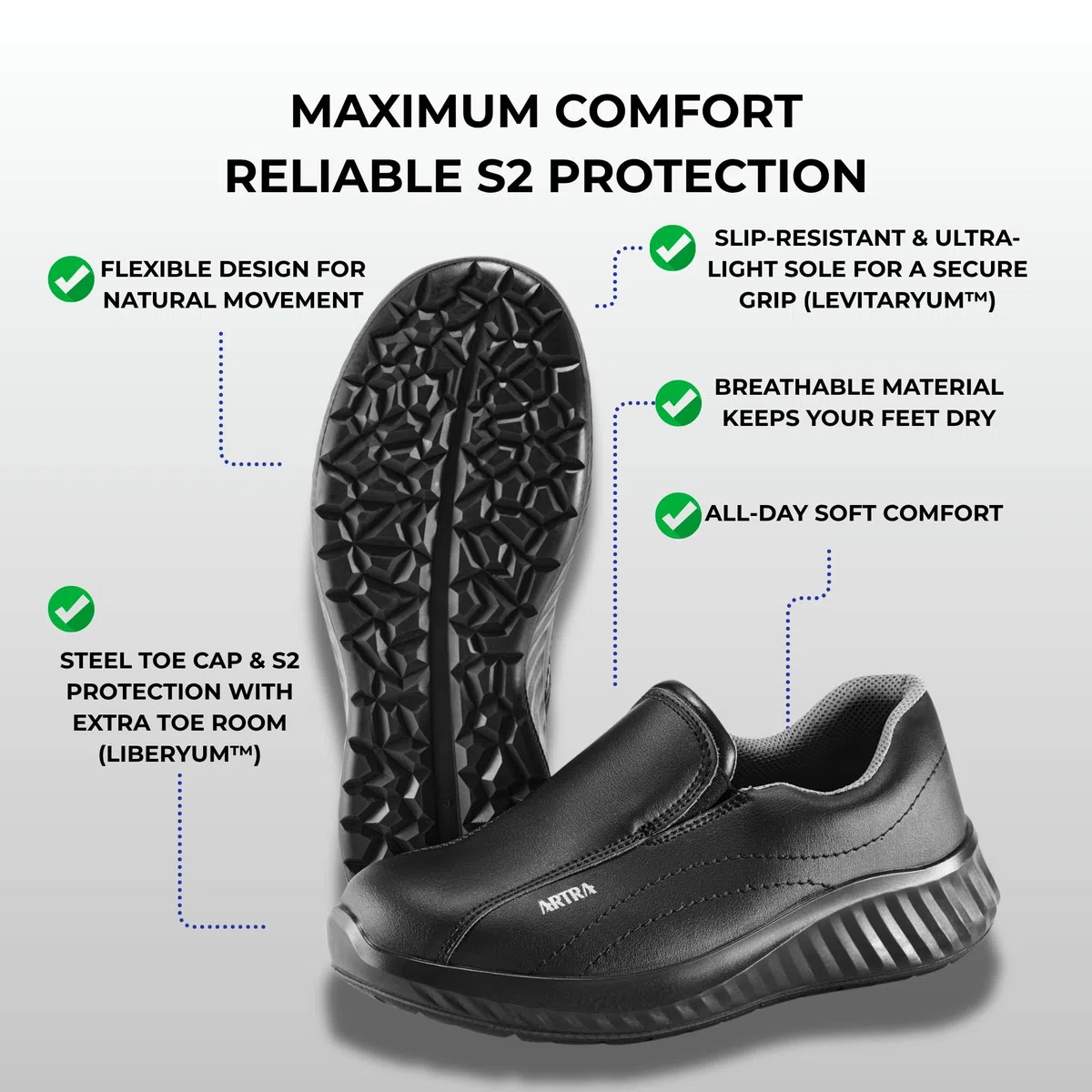 ARTRA Arica 6207 - Zapatillas de trabajo antideslizantes con puntera de acero, para alimentos, cocina, clínica, artesanía, S2, SRC, Negro , 42 EU