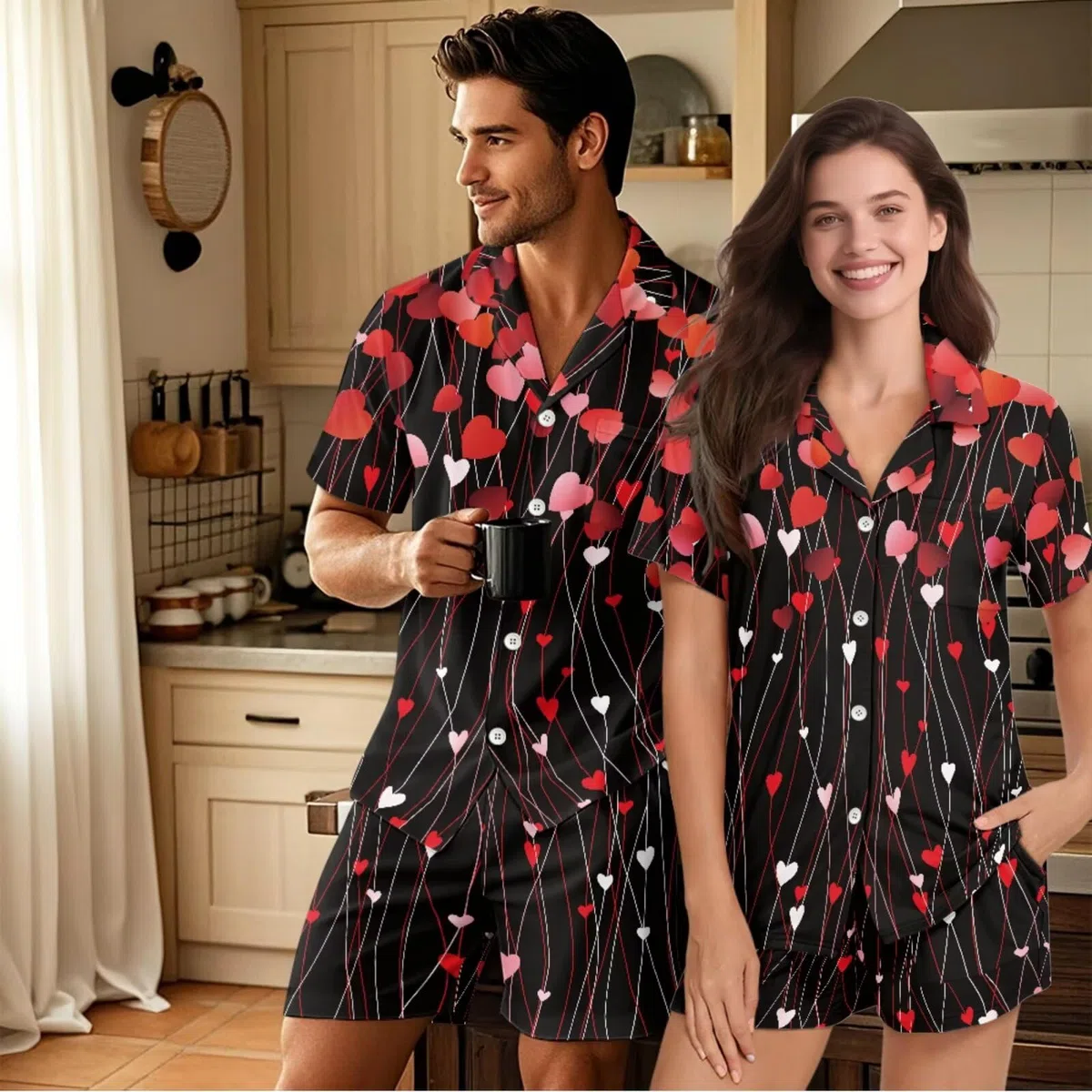 Conjunto de pijama a juego para parejas, de manga corta, con botones, ropa de dormir, Corazones rojos, XL