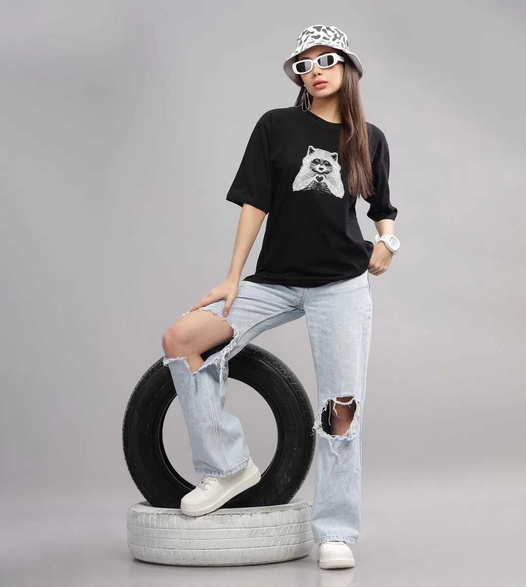 KYDA - Camiseta estampada para mujer, 100 % algodón puro, con hombros caídos y hombros caídos