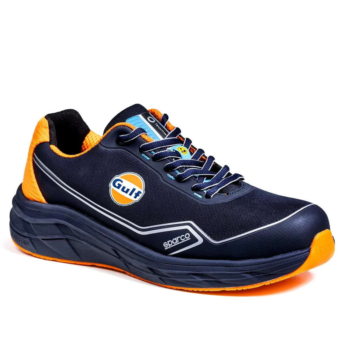 Sparco Teamwork Gulf Mirage Zapatos de Seguridad para Hombre S1PS ESD HRO Bajos. Ultraligeros, con amortiguación EVA, Parte Superior 3D Transpirable. Diseño Oficial Gulf. EU 42