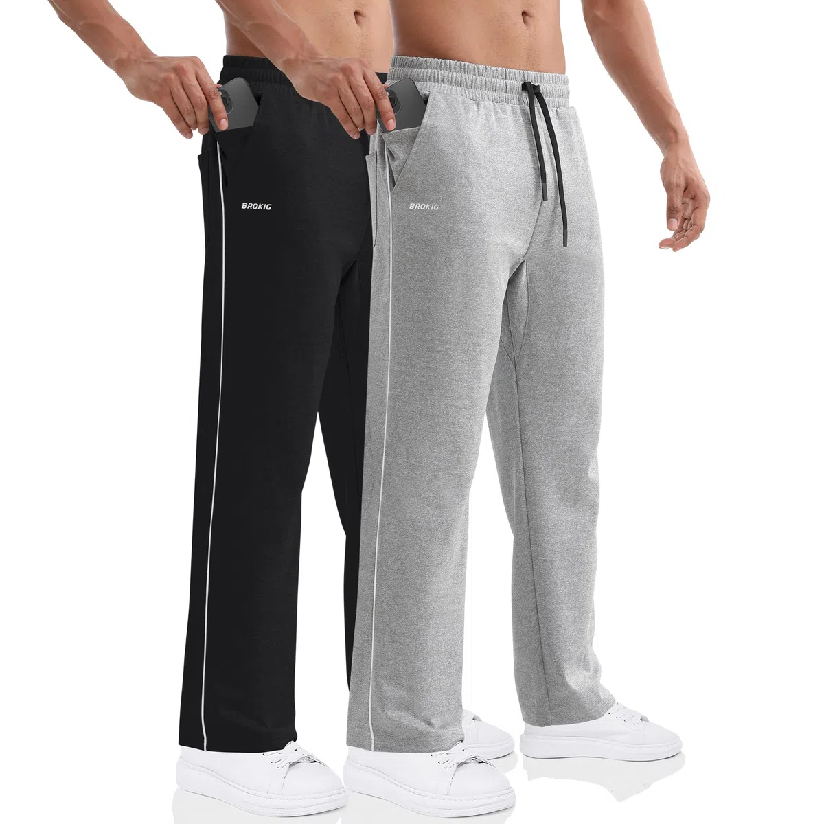 BROKIG Pantalones rectos para hombre, pantalones largos, bajos abiertos, corte holgado, pantalones deportivos para hombre, pantalones de ocio con bolsillos, cómodos pantalones de entrenamiento para
