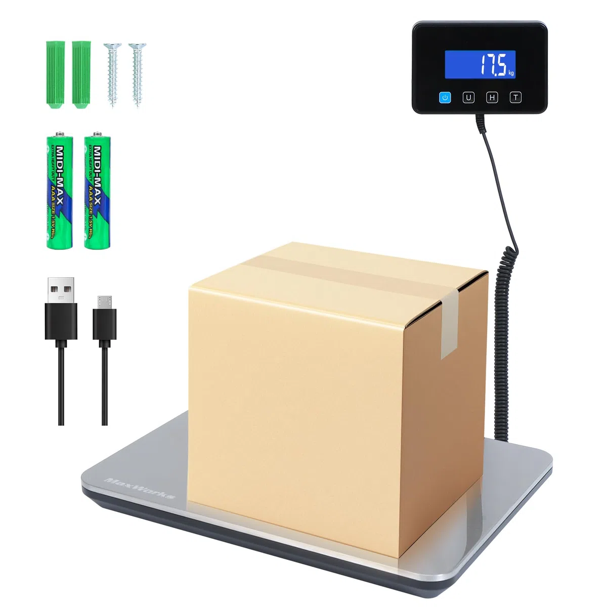 MaxWorks 51076 Báscula digital para equipaje, capacidad de 440 libras, doble alimentación (recargable USB-C o 2 pilas AAA), acero inoxidable y vidrio, portátil para viajes y negocios, plata (unidades