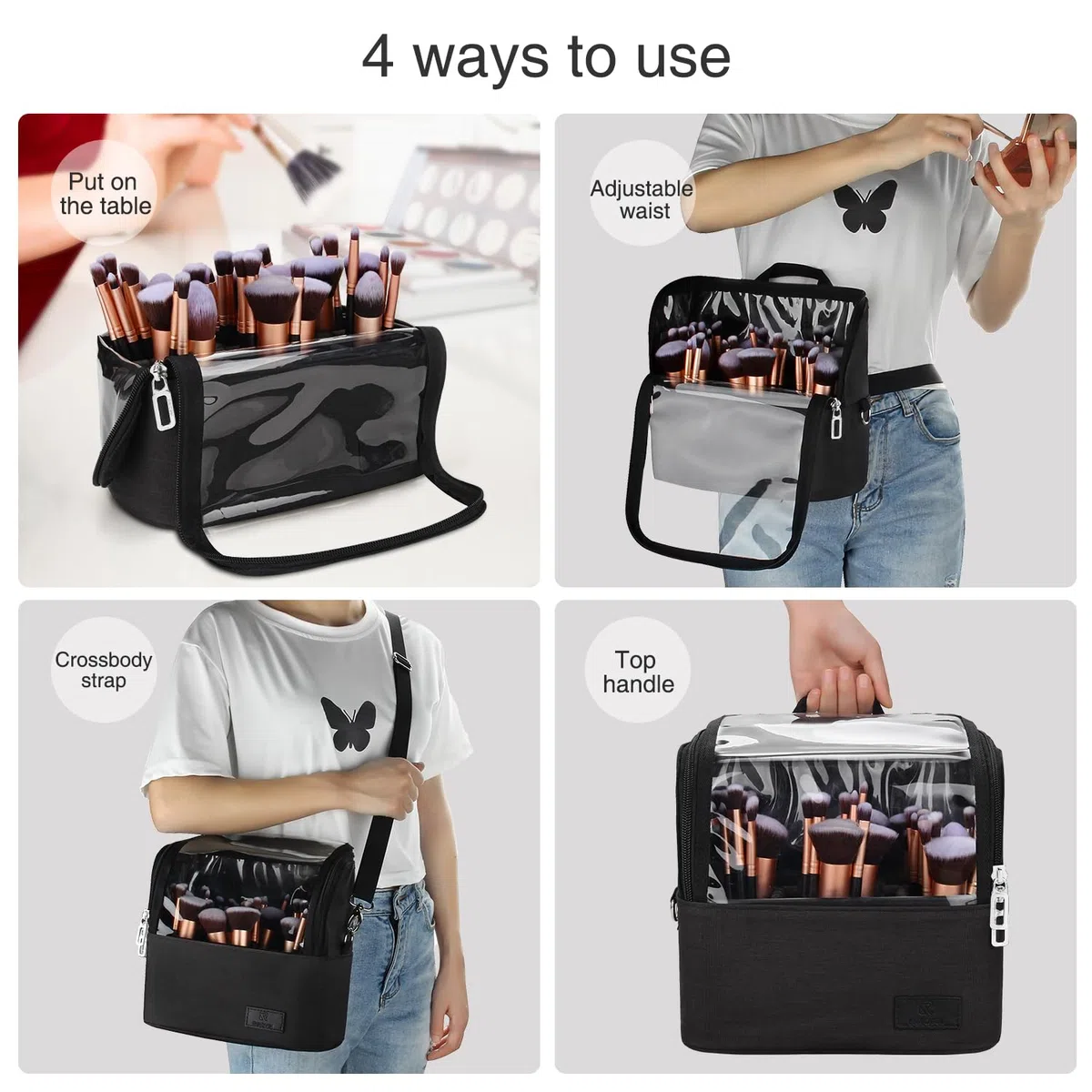 Neceser de maquillaje, bolsa para pinceles de maquillaje, organizador de maquillaje, bolsa de aseo de pie, resistente al agua, maletín de cosméticos con divisor ajustable, para mujeres y niñas