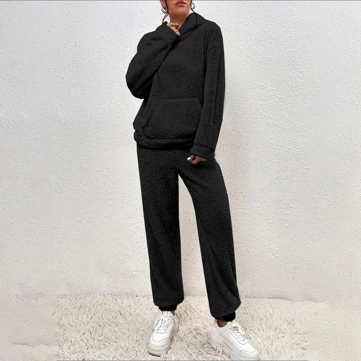 Traje de casa para mujer de 2 piezas, traje de casa de forro polar, pijama largo para mujer, conjunto de chándal de invierno, traje de cuerpo completo, traje de ocio, elegante, pantalón largo