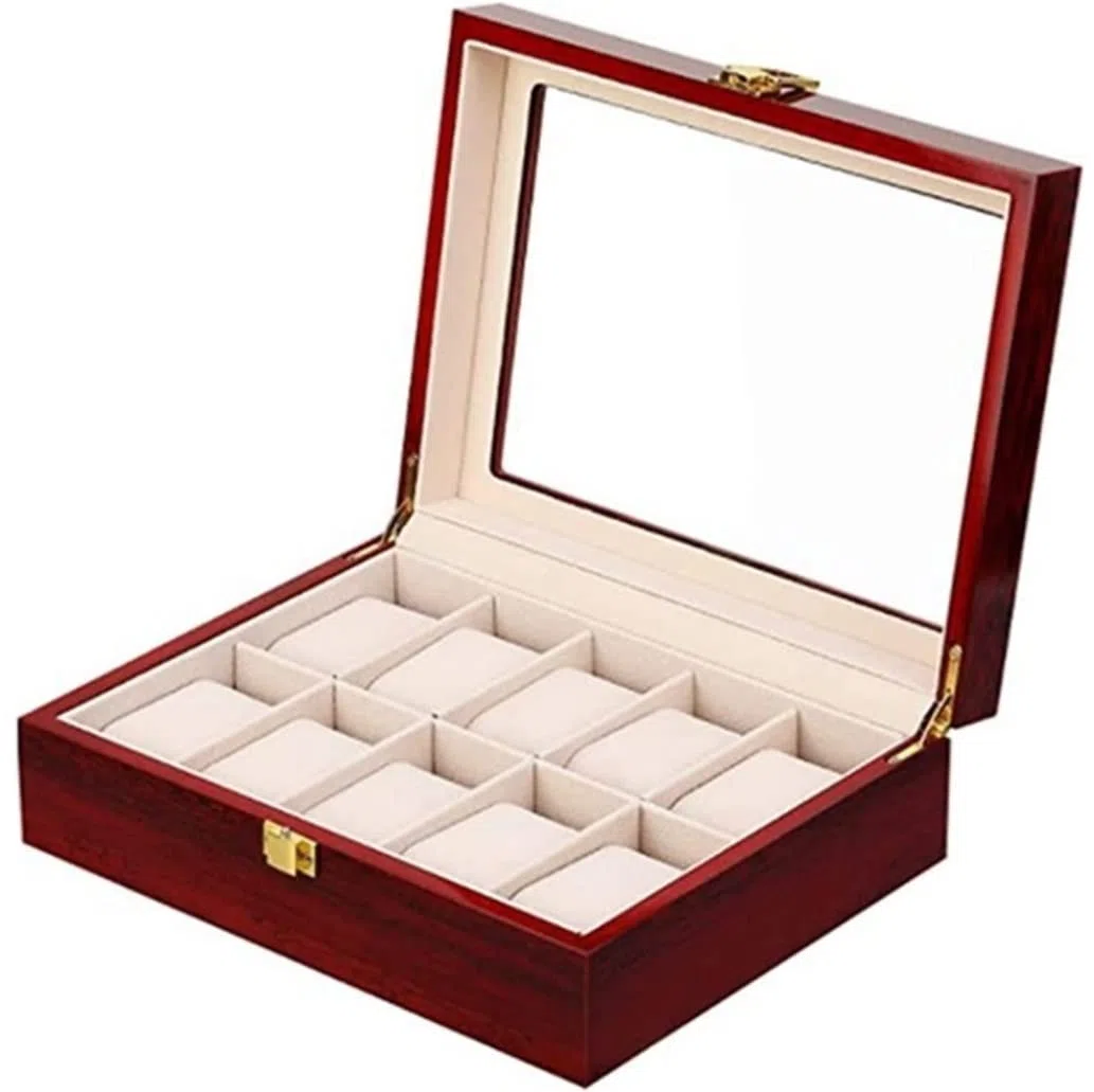Caja De Reloj Caja De Reloj De Madera Para Hombre, Caja De Almacenamiento De Joyería Con Tapa De Cristal, Caja De Almacenamiento De Reloj Con 10 Compartimentos Estuche Para Relojes
