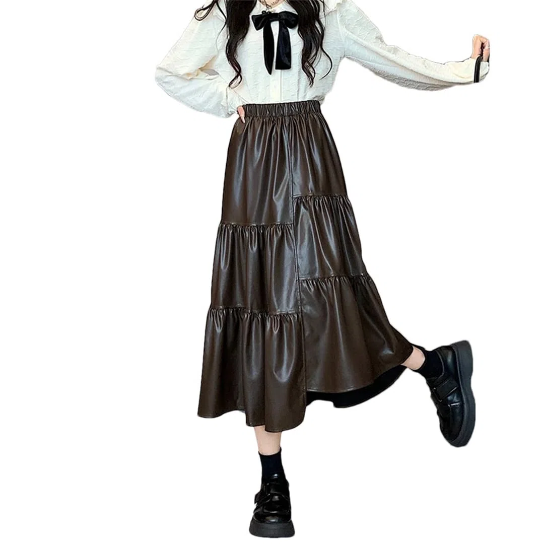 Otoño Invierno Irregular Faux PU Cuero Mujeres A-Line Falda Alta Cintura Recta Shirring Paraguas Faldas