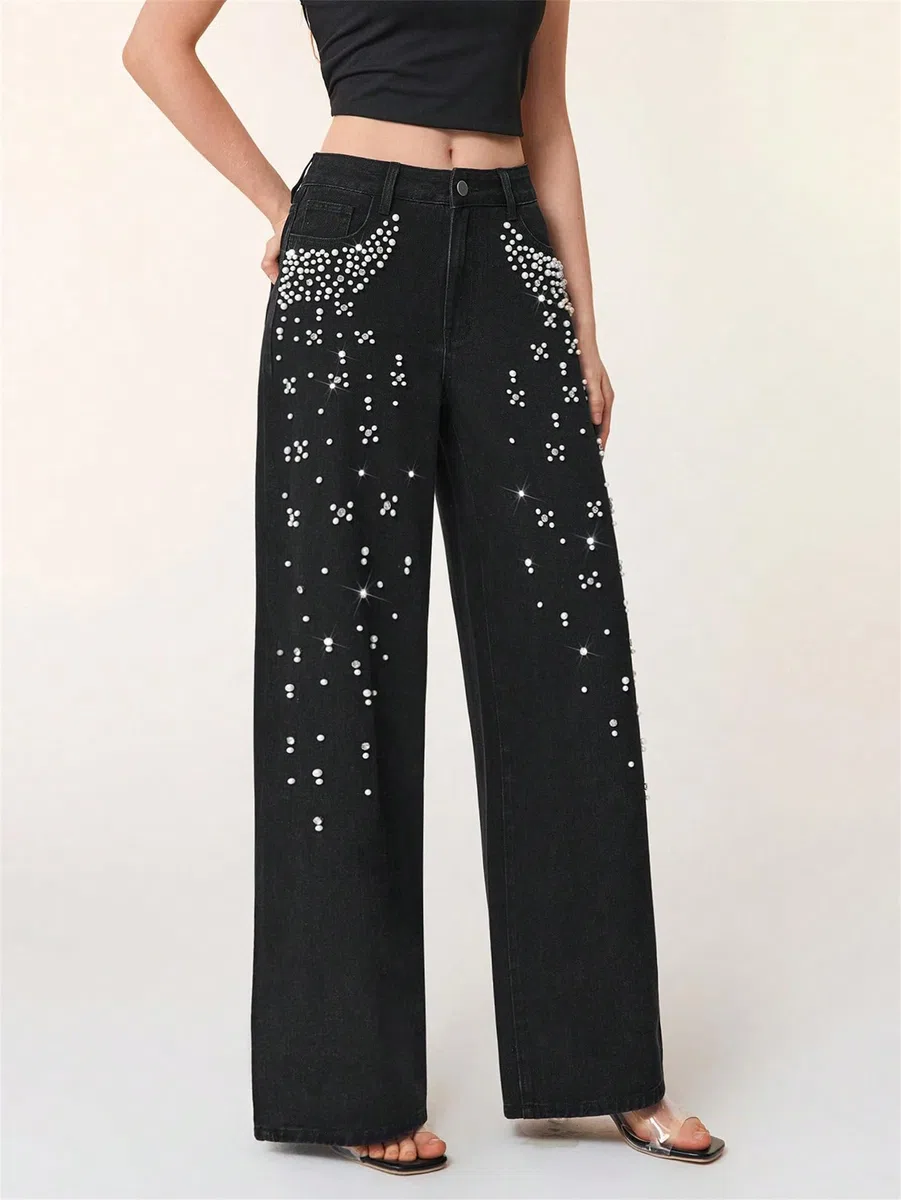 Pantalones Vaqueros De Mujer con Perlas Y Pedrería, Estilo Y2k; Corte Recto Y Ancho De Tiro Alto, Estilo Boyfriend Holgado, Casual Y De Tendencia.