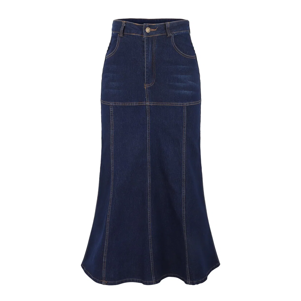 Falda midi Vaqueros para mujer: falda vaquera para mujer hasta la rodilla elegante falda larga de cintura alta falda acampanada con bolsillos y tira de botones falda de verano holgada falda plisada