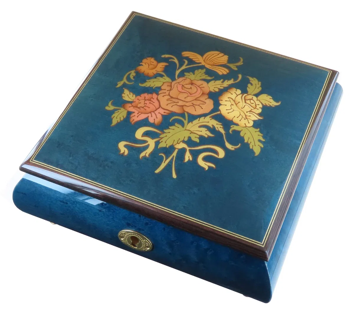Joyero musical/caja de música para joyas de madera teñida de azul con marquetería ramo de flores y mecanismo musical de resorte de 18 notas - Over the rainbow - El mago de Oz (Harold Arlen).