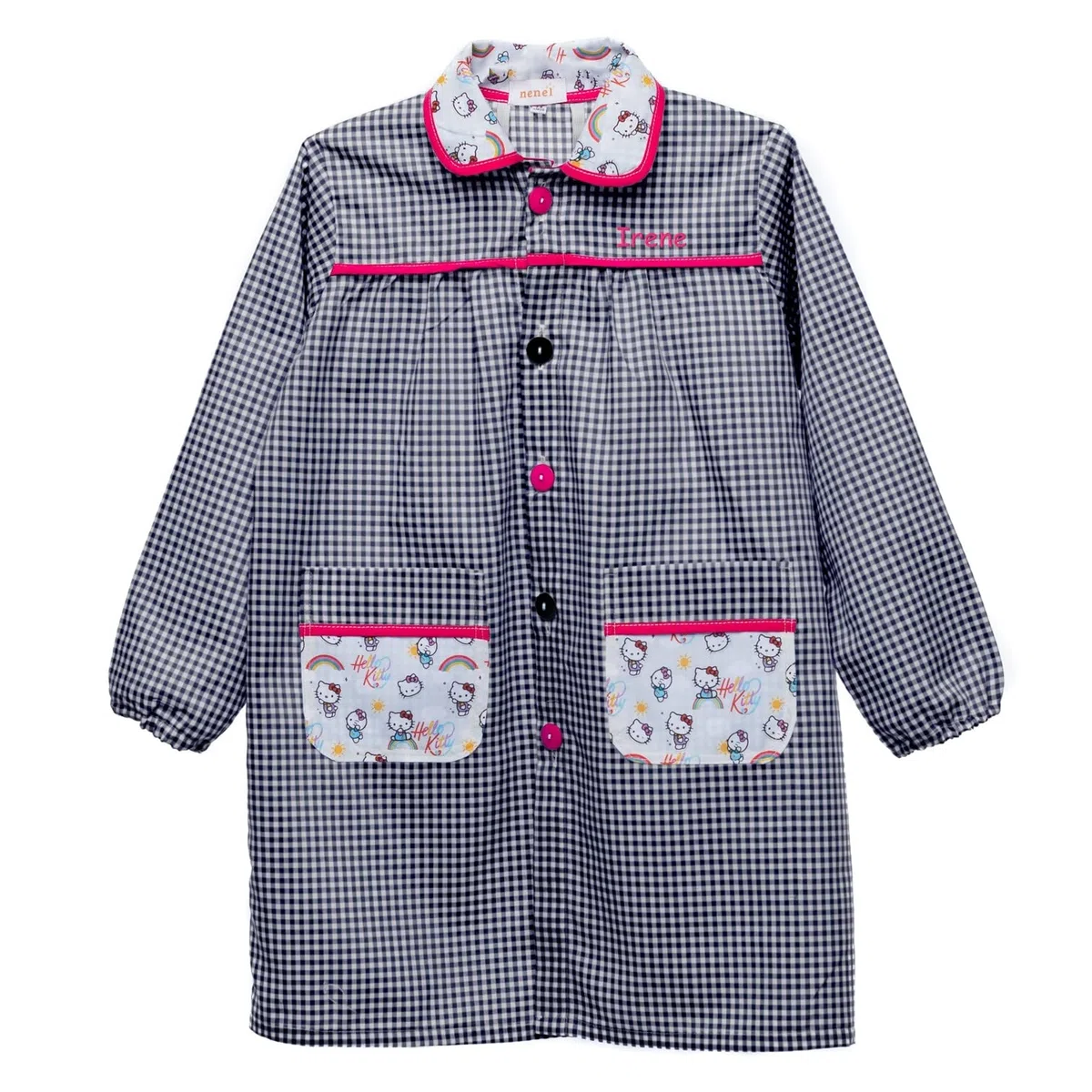 Nenel Conjunto Escolar para Colegio o guardería: Mandilón, babi o Bata Escolar + Bolsa merienda Bordado con el Nombre. Modelo Hello Kitty