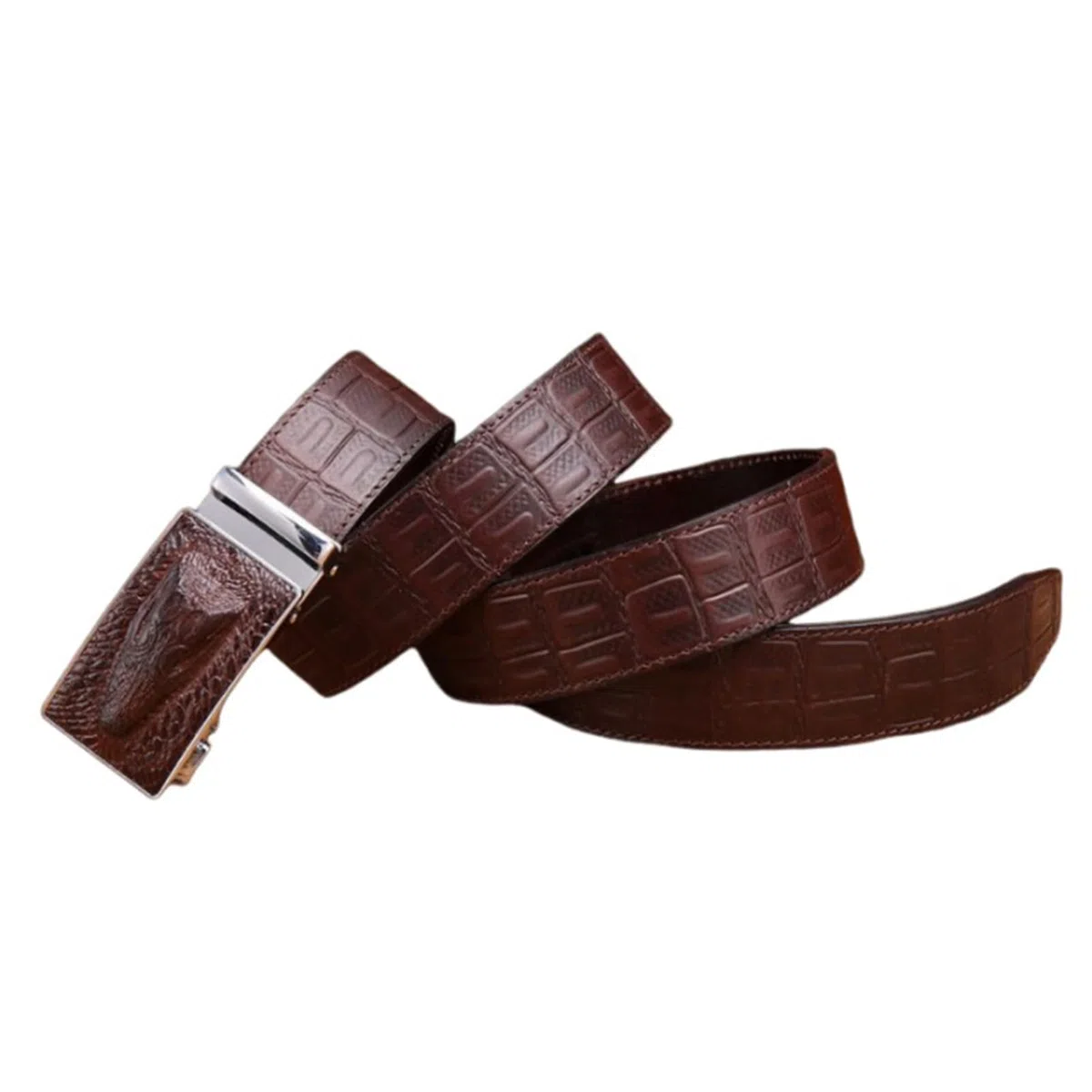 Cinturón de costura de cuero para hombre, hebilla de trinquete automática, correa de cintura deslizante, ajuste para adaptarse con cabeza de cocodrilo grabada