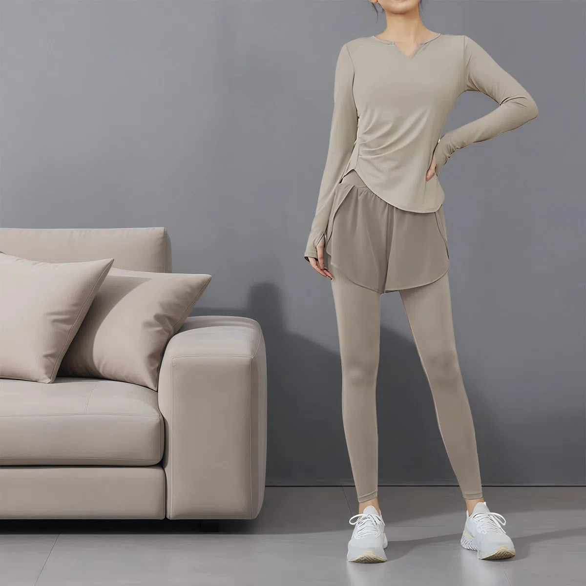 Conjunto de 3 piezas de fitness para mujer, chaqueta XXL, leggings y pantalones cortos, tela transpirable antibolitas, perfecto para gimnasio y yoga, Gris, talla única