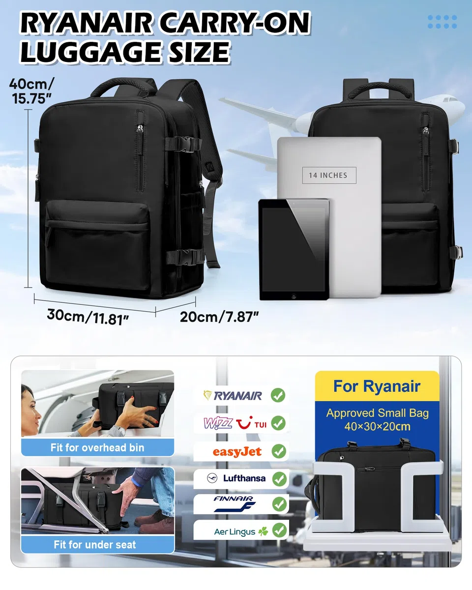 BJLFS Mochila al Vacio con Bomba Equipaje de Mano 40x30x20 Ryanair Wizzair Vueling Mochila Viaje Cabina Avion 40x30x20 Impermeable Bolsa de Viaje