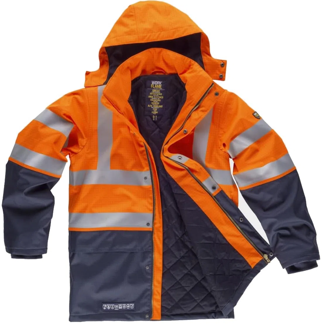 WORKTEAM Parka Ignífuga Alta Visibilidad, Antiestática con Protección Contra Soldadura, Arco Eléctrico, Ambientes Fríos, Lluvia y contra Productos Químicos. Waterproof. Unisex Naranja A.V.+Marino XXL