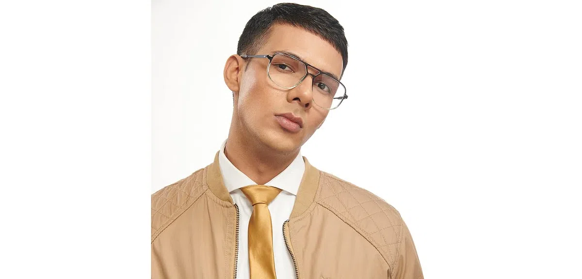 LENSKART AIR Signia Zero Power Bluecut - Gafas para ordenador (duraderas, flexibles y ligeras) | Gris verde transparente en forma de lágrima | Para hombre y mujer | L | LA E14962