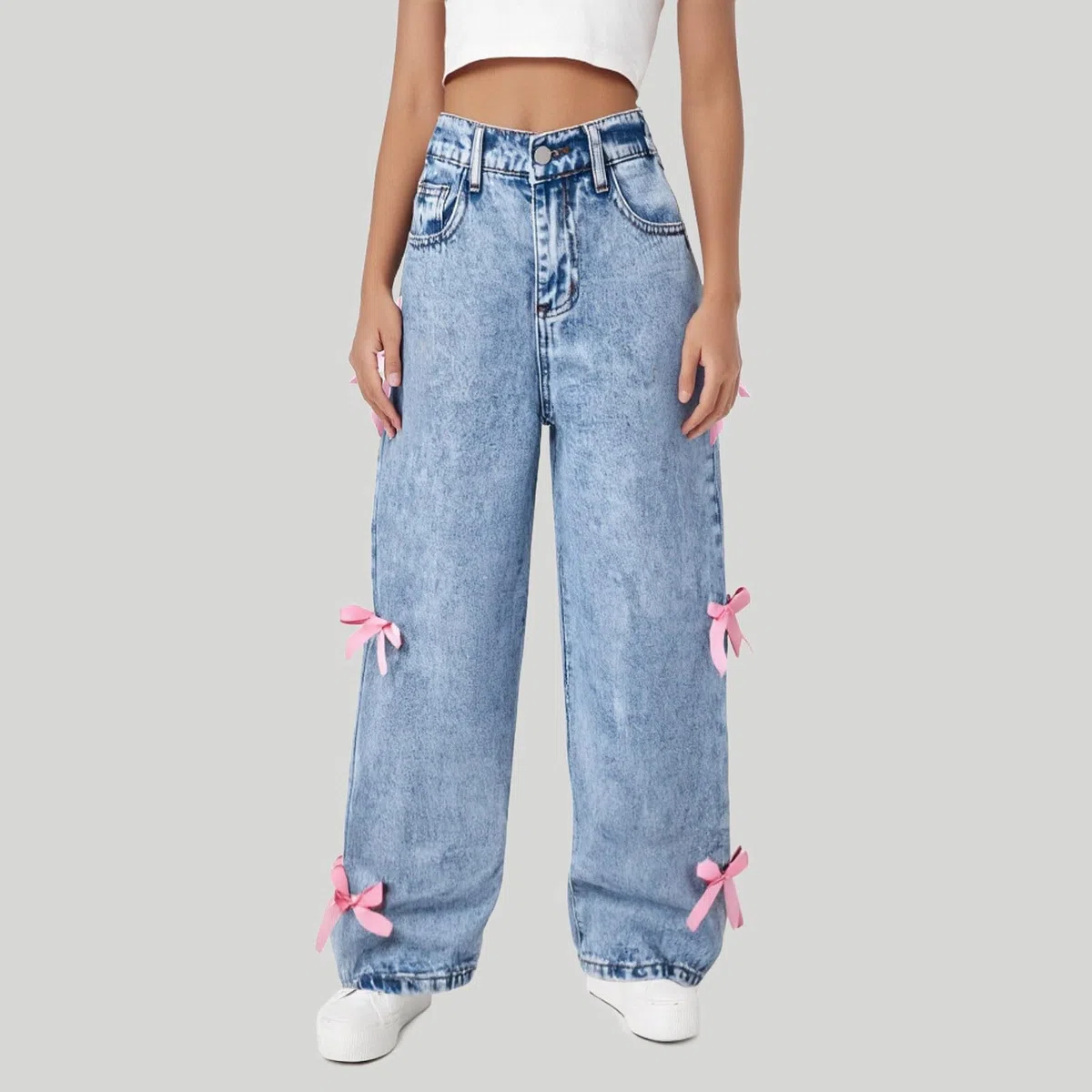 Pantalones para NiñAs-Pantalones Vaqueros Holgados De Pierna Ancha para NiñAs, Pantalones De Mezclilla con Cintura Alta EláStica, Lindos Pantalones con Lazo, Ropa De Calle Informal para NiñOs
