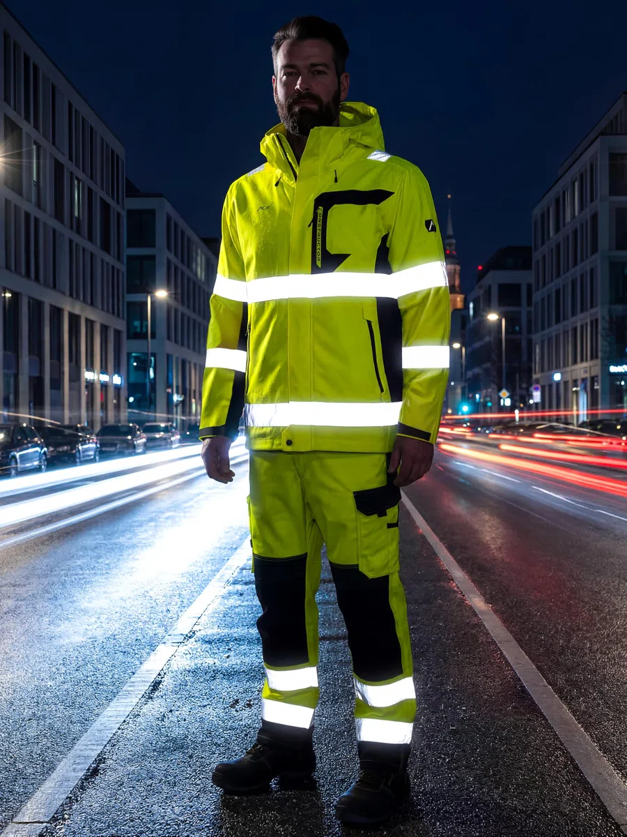 ACE Constructor HiViz Chaqueta impermeable: chaqueta de alta visibilidad impermeable con reflectantes y capucha - Normas EN ISO 20471 y EN 343 - Tallas S a 4XL