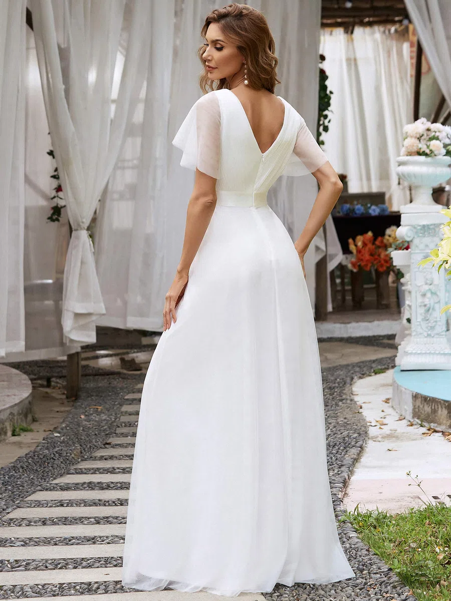 Ever-Pretty A-línea Tul Vestido de Noche Manga Corta Cuello en V Largo para Mujer 07962
