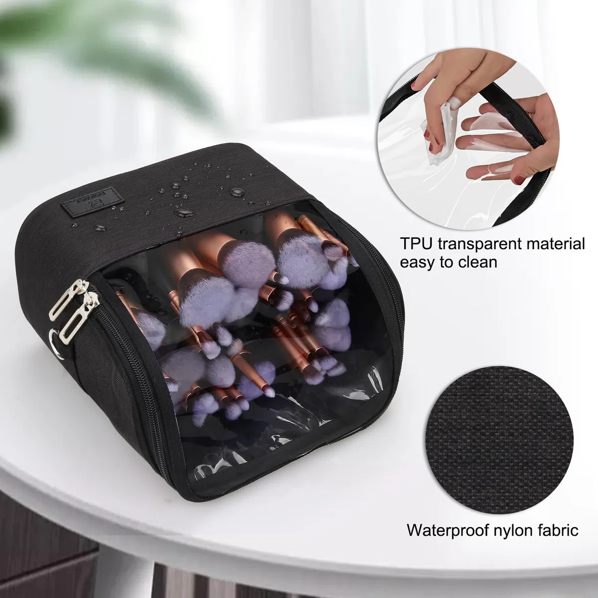 Neceser de maquillaje, bolsa para pinceles de maquillaje, organizador de maquillaje, bolsa de aseo de pie, resistente al agua, maletín de cosméticos con divisor ajustable, para mujeres y niñas