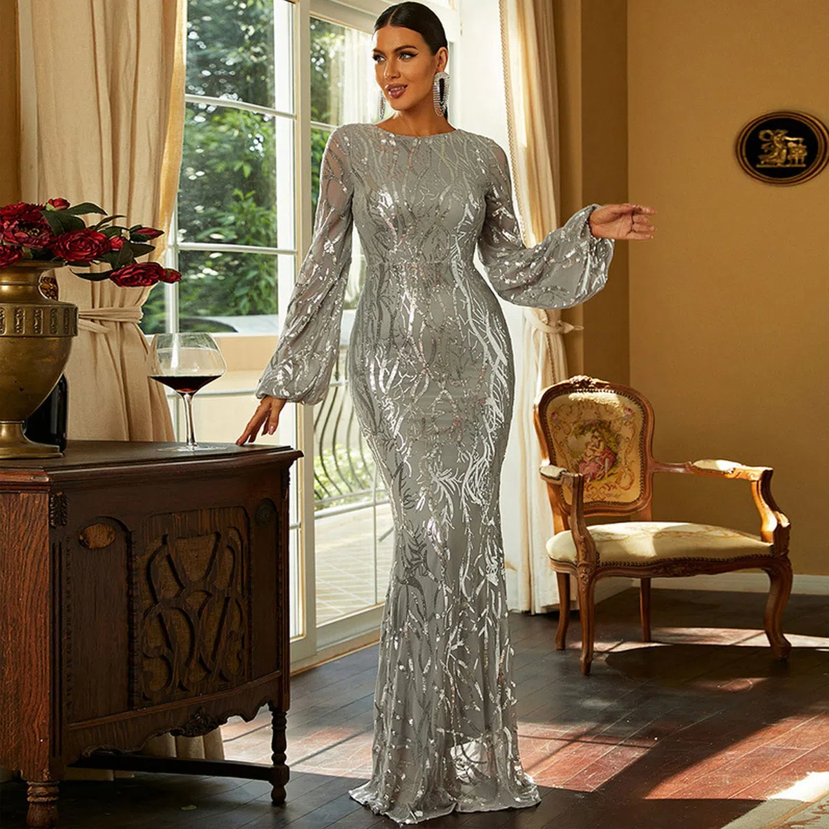 Vestido De Noche para Mujer, Sexy, De Manga Larga, con Lentejuelas, Ajustado, Formal, para Fiesta De Graduación, Pasarela, Ceñido, para Club Nocturno, Cóctel, Vesti,Grey-XL
