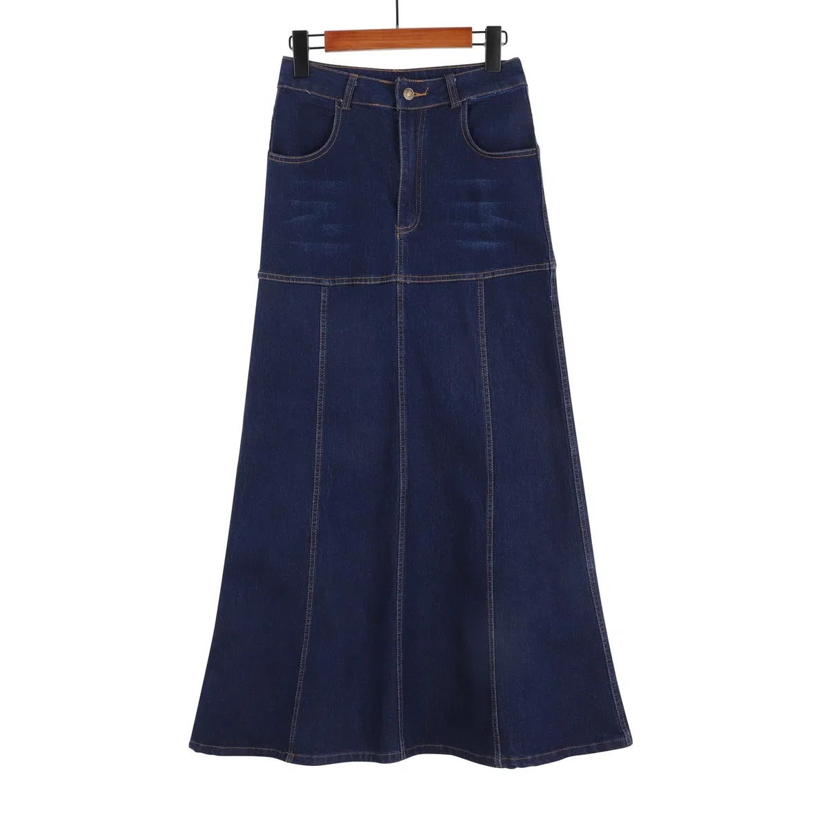 Falda midi Vaqueros para mujer: falda vaquera para mujer hasta la rodilla elegante falda larga de cintura alta falda acampanada con bolsillos y tira de botones falda de verano holgada falda plisada