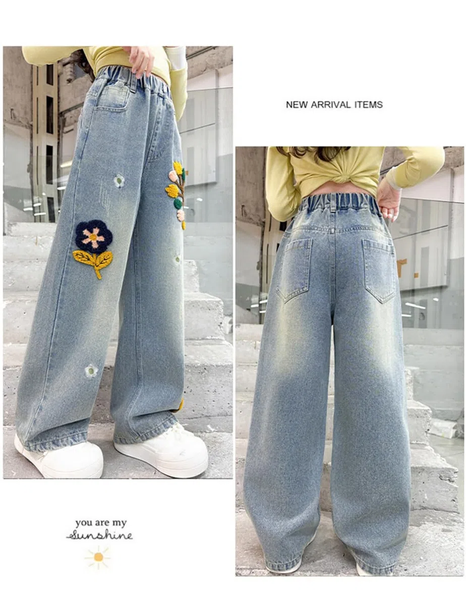 HBER Jeans holgados de pierna recta para niña, estilo casual, Y2K, bonitos pantalones de mezclilla bordados con cintura elástica para niños, adolescentes y niñas