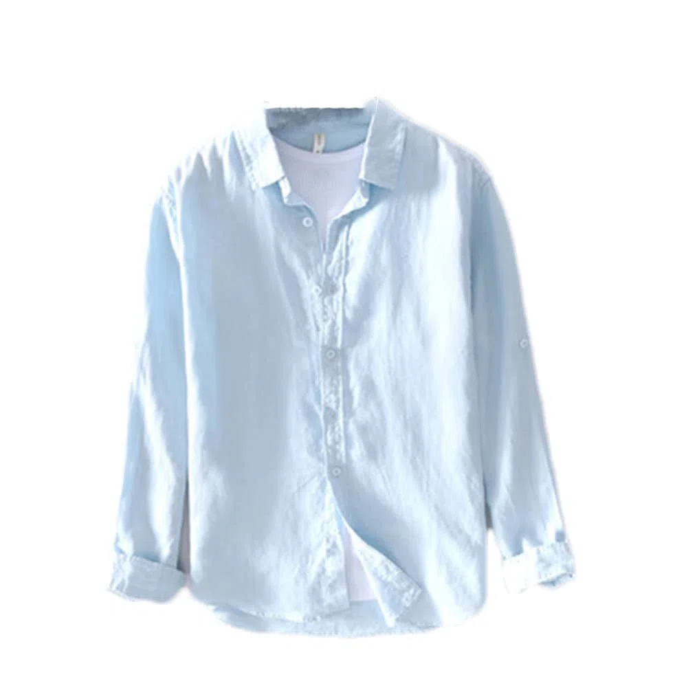 Vsadsau Camisa vintage de manga larga 100 % lino para hombre, estilo casual, L610 Azul Claro, 3XL