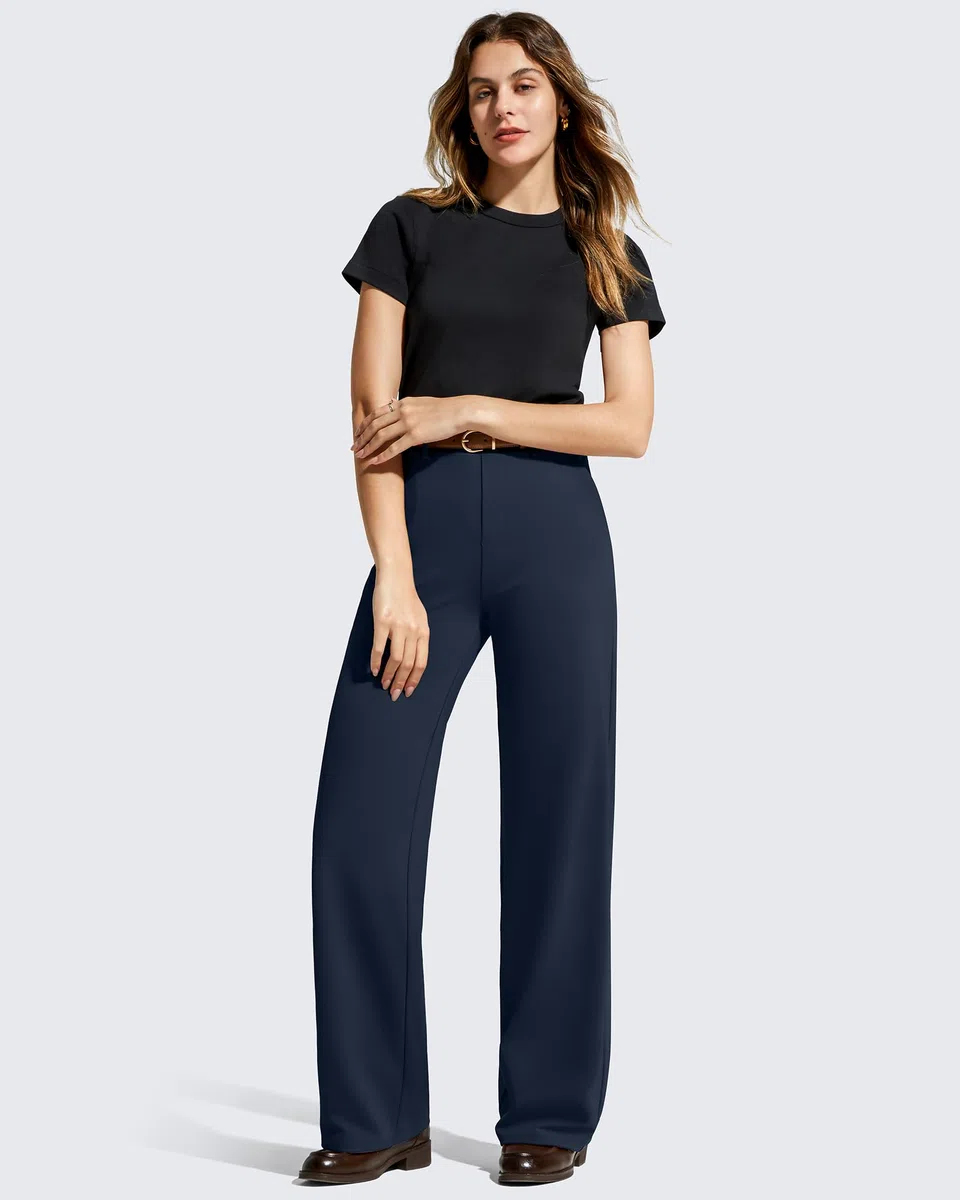 G4Free EverGoing - Pantalones de vestir de pierna ancha para mujer, elásticos, de cintura alta, pantalones casuales con bolsillos