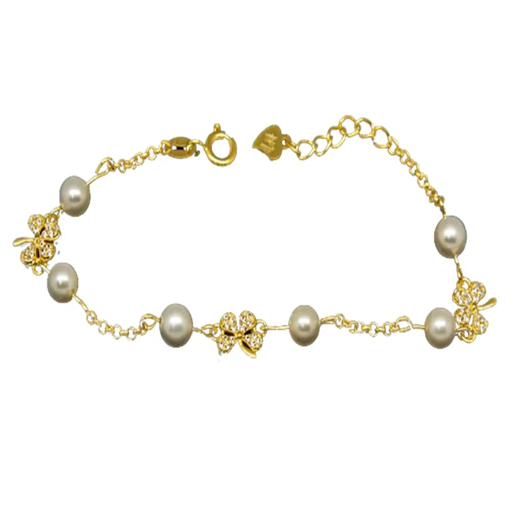 Pulsera trébol de Plata chapada dorada con Perlas niña comunión