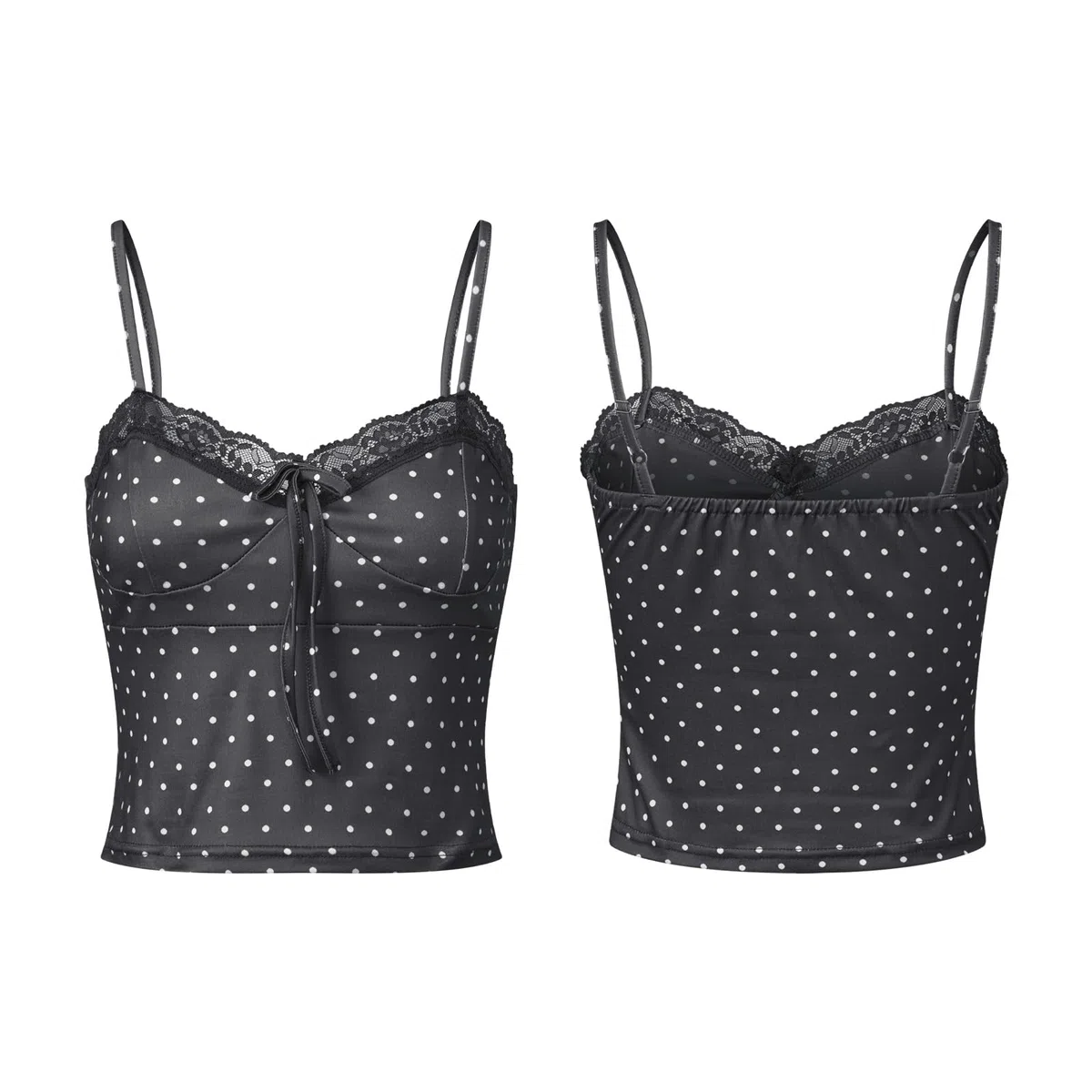 Sexy Outfit Top de Tirantes Y2K con Encaje de Lunares, Cuello en V, Correa de Espagueti, Ajustado, sin Mangas, para Verano, Casual, para Salir