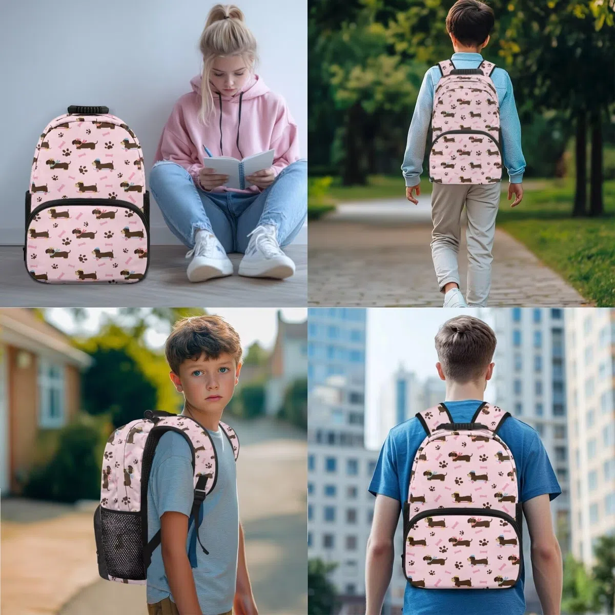 Xoenoiee Mochila escolar para niños con lonchera, estuche para lápices y soporte para botella de agua, para niños y niñas, animales lindos, Dachshund Dog Bone Paw Pink