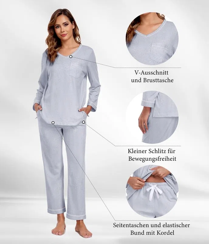 COLORFULLEAF Pijama para mujer 100% algodón largo pijama conjunto dos piezas otoño invierno pijamas manga larga traje de casa, gris, S