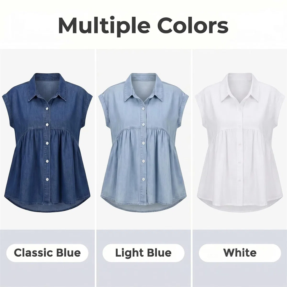 Camisa Vaquera Abotonada para Mujer | Diseño Babydoll Peplum | Solapa y Manga Corta | Blusa Casual de Mezclilla | Estilo Veraniego, Fluido y con Volantes