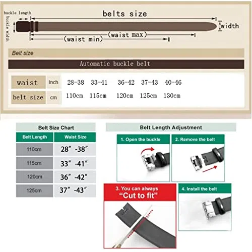 Cinturón de Cuero con trinquete y Hebilla Deslizante automática para Hombre (Color: C, Talla: 110 cm) (B 125 cm)