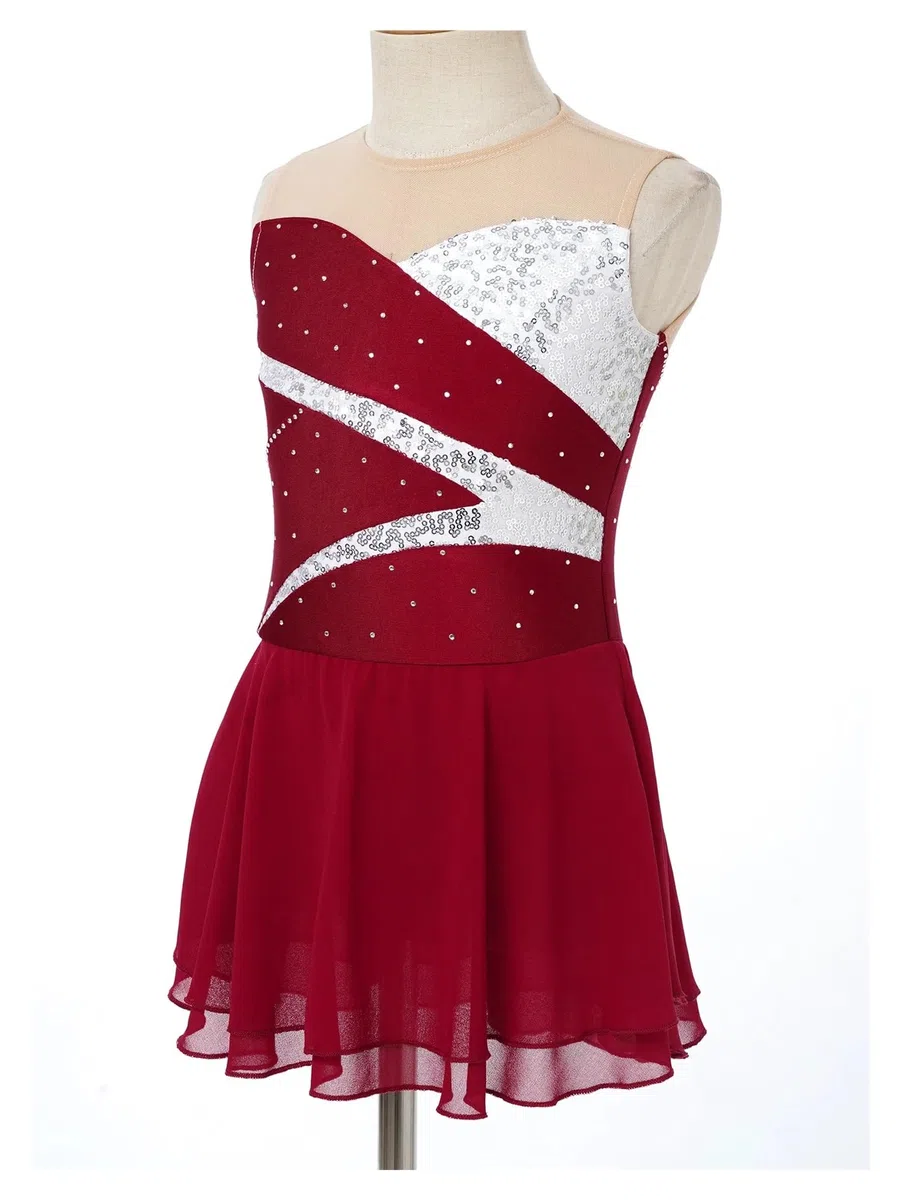 Medias Patinaje Artistico Niña Vestido de patinaje sobre hielo for niñas, vestido de Ballet sin mangas con empalme de malla con diamantes de imitación, trajes de actuación de leotardo de gimnasia(Dark