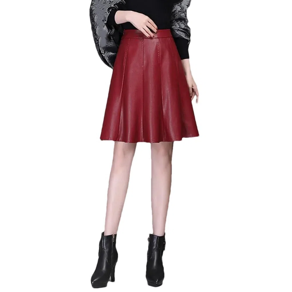 Falda corta de piel sintética para mujer, cintura alta, elegante, para oficina, falda acampanada