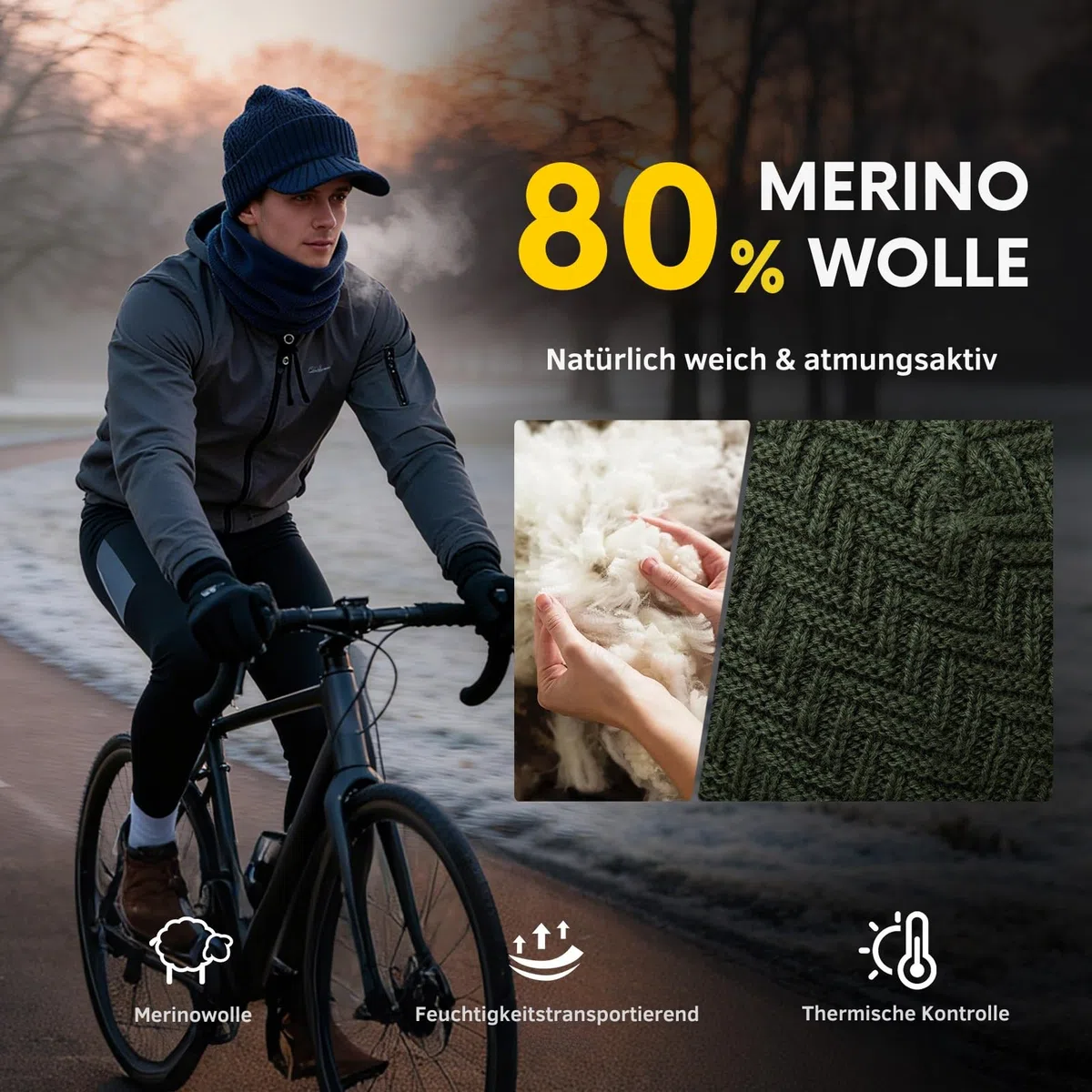 Comhats M/L/XL - Conjunto de invierno para hombre de lana merino con visera y bufanda de esquí, gorro de lana con visera y calentador de cuello de forro polar