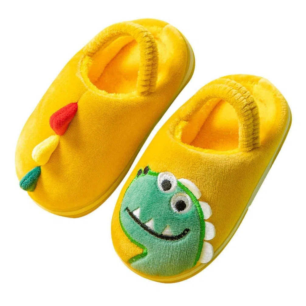 Pantuflas de dinosaurio de felpa para niños, con dibujos animados, para invierno, para casa, para exteriores, interiores, 1 par (color: amarillo, tamaño: 6,5 niños)